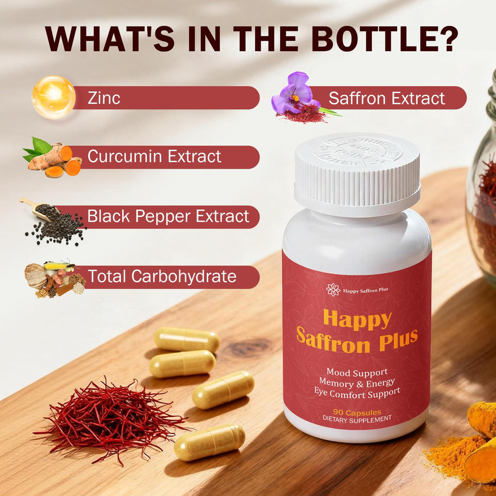 Happy Saffron Plus capsules close-up highlighting vegan, gluten-free formula.