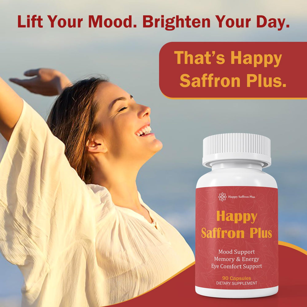 Happy Saffron Plus ingredients panel highlighting saffron, curcumin, zinc.