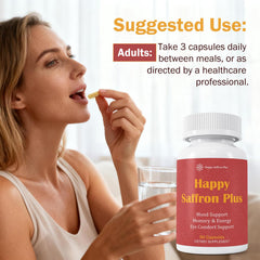 Happy Saffron Plus serving pack demonstrating a 30-day supply.