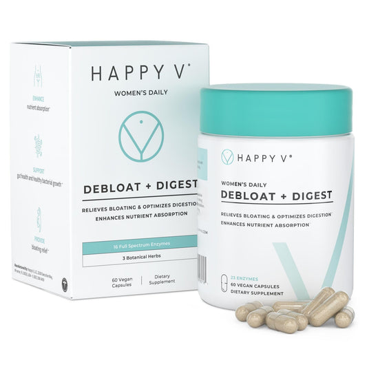 Happy V Debloat + Digest bottle front for daily digestive support