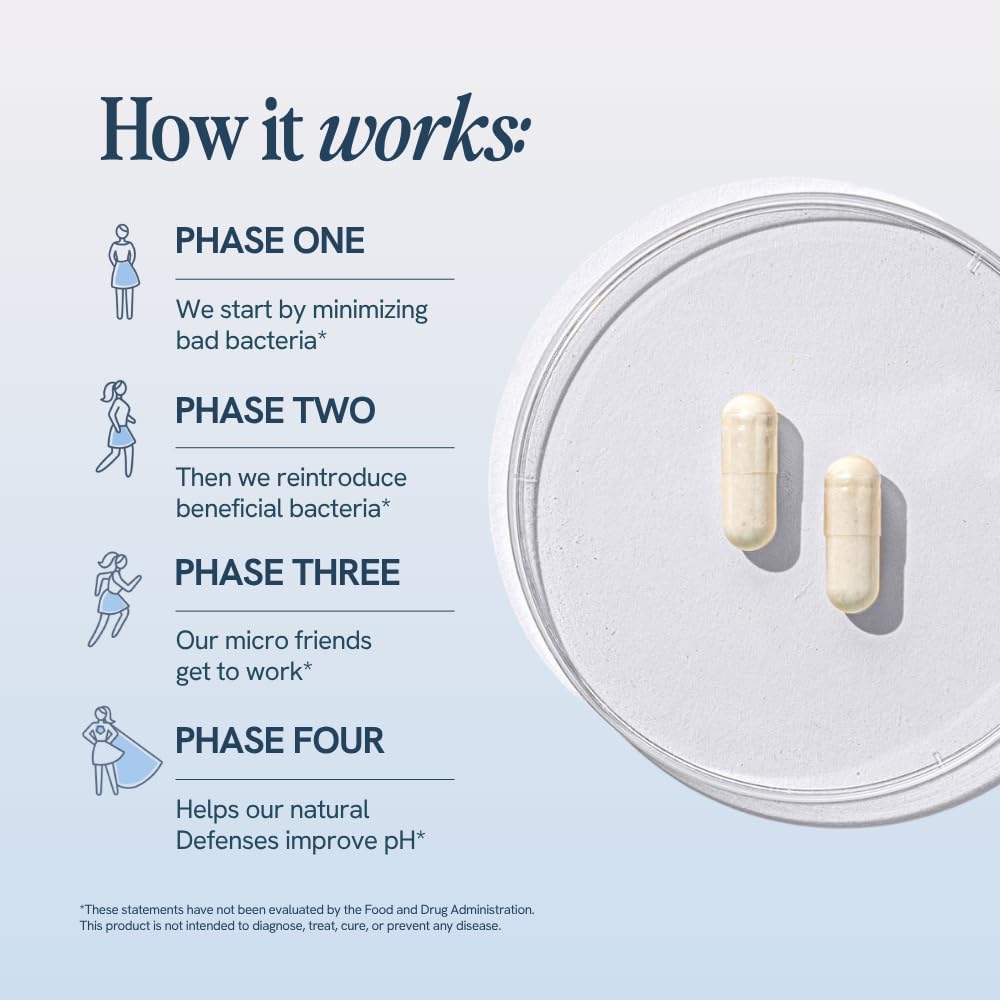 Happy V daily capsule shown on a bathroom counter for routine use.