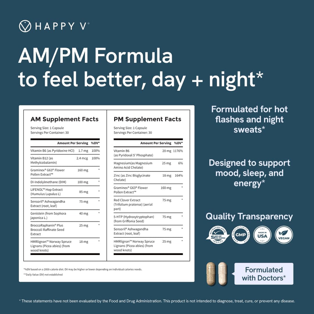 Happy V manufacturing seal and facility photo implies product safety and quality control.