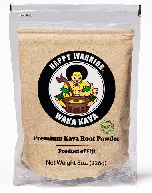 Happy Warrior Kava Powder Fiji bag shows natural color and premium quality for a calming ritual