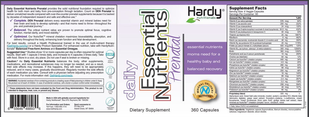 Hardy Daily Essential Nutrients Prenatal label showing vitamin and mineral overview for prenatal care.