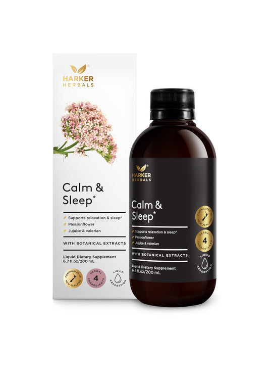 Harker Herbals Calm and Sleep Syrup bottle ready for a soothing bedtime routine.