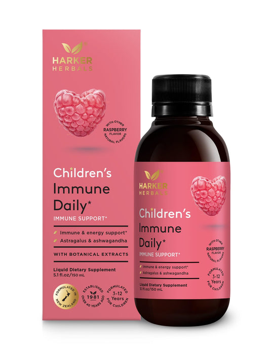 Harker Herbals Children's Immune Daily Syrup bottle showing kid-friendly raspberry flavor for daily use