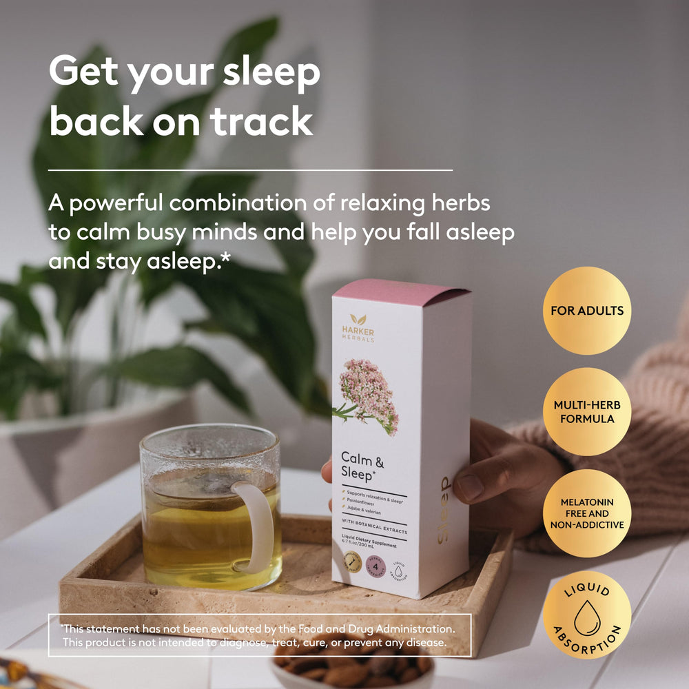 Harker Herbals valerian-hops-passionflower ingredients close-up for natural relaxation.