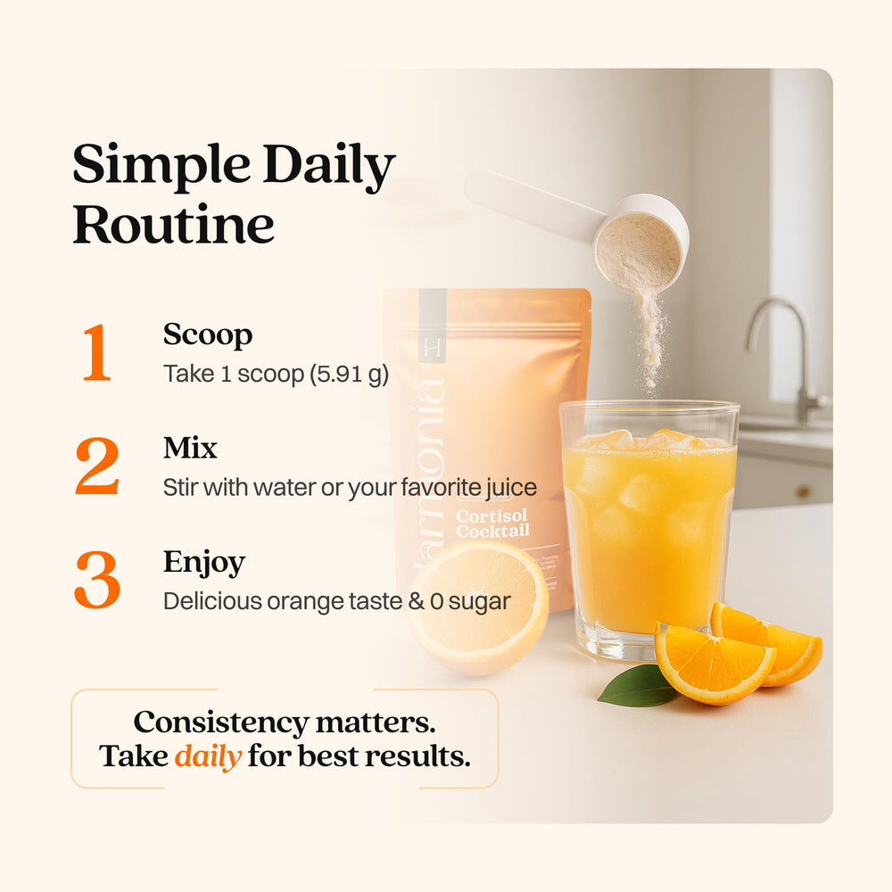 HARMONÍA Cortisol Cocktail in a morning desk setup for balanced focus