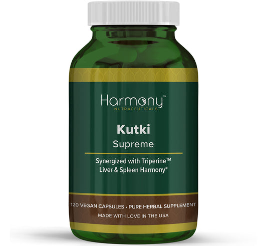 Harmony Kutki Supreme bottle close-up showing vegan capsules for immune and skin support