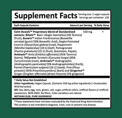 Closeup of Harmony Nutraceuticals Calm Bowels capsules showing vegan format.