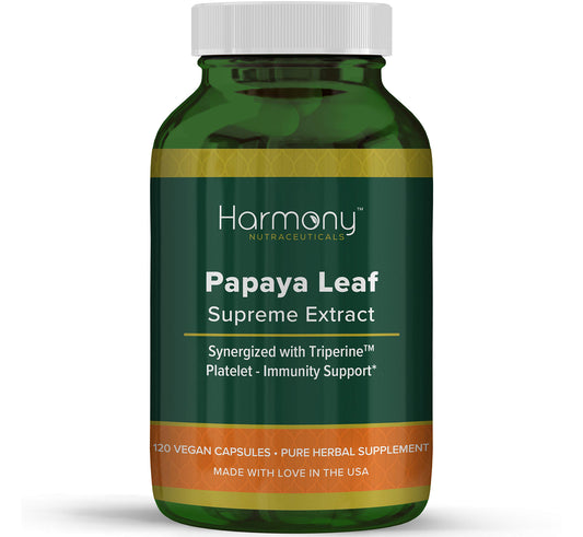 Harmony Nutraceuticals Papaya Leaf Supreme bottle promotes daily immune support.