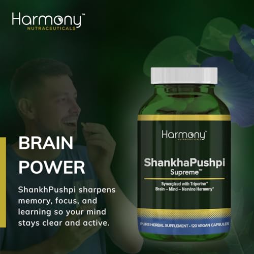 Harmony Nutraceuticals ShankhPushpi Supreme capsule stack highlights large 120-count value.