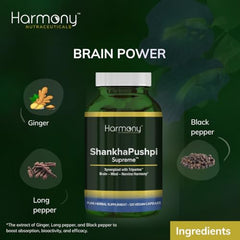 ShankhPushpi Supreme capsules closeup highlighting vegan, filler-free brain support.
