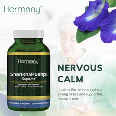 Harmony Nutraceuticals ShankhPushpi Supreme made-in-usa label with Oklahoma facility.