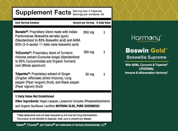 Harmony Nutraceuticals Boswin Gold Liposomal black pepper aspect hints at enhanced bioavailability.