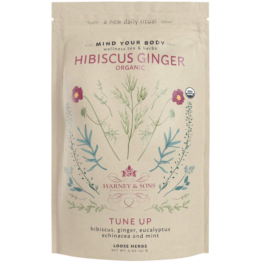 Harney & Sons Organic Hibiscus Ginger Tune-Up tea cup—refreshing and aromatic.