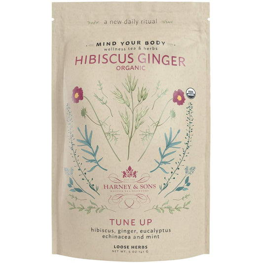 Harney & Sons Organic Hibiscus Ginger Tune-Up tea cup—refreshing and aromatic.