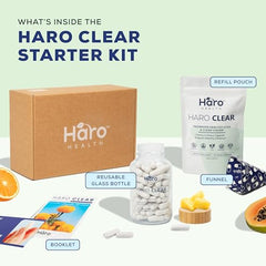 Haro Clear Starter Kit bottle pour showing easy daily dose for eye comfort.