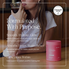 Haroutine Advanced Marine Collagen powder being poured into a glass for daily use.