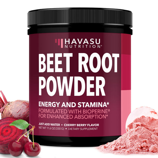 HAVASU NUTRITION beet root powder cherry berry pour for energy support.