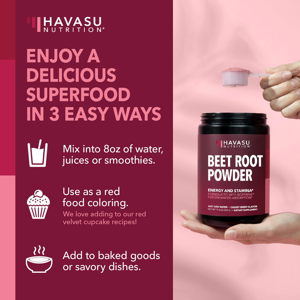 HAVASU NUTRITION beet root powder jar beside shaker for convenient daily use.