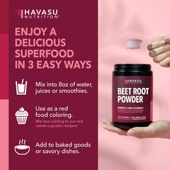 HAVASU NUTRITION beet root powder jar beside shaker for convenient daily use.