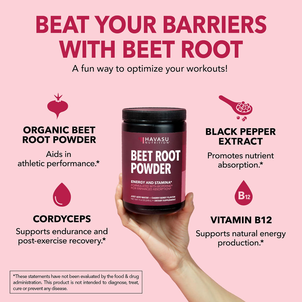 HAVASU NUTRITION beet root powder being stirred into a smoothie for daily vitality.