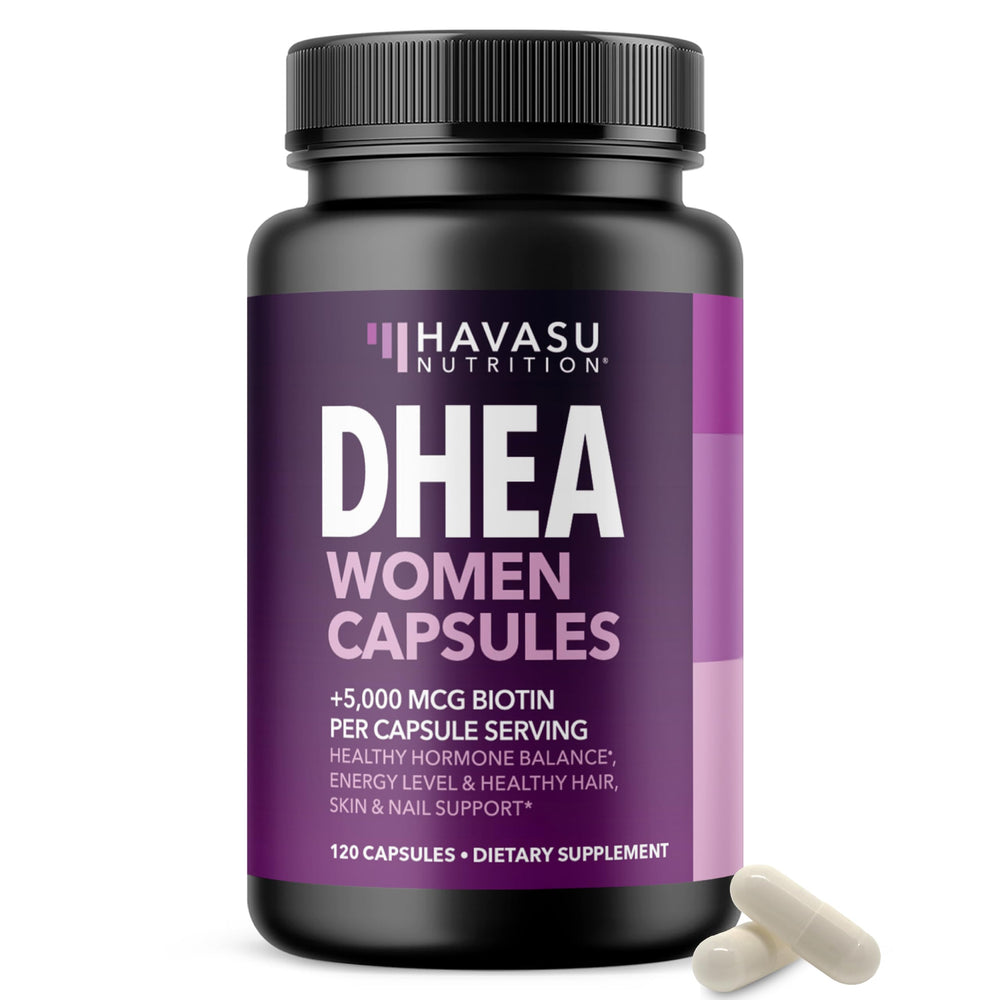 HAVASU NUTRITION DHEA Biotin bottle label signals premium hormone support.