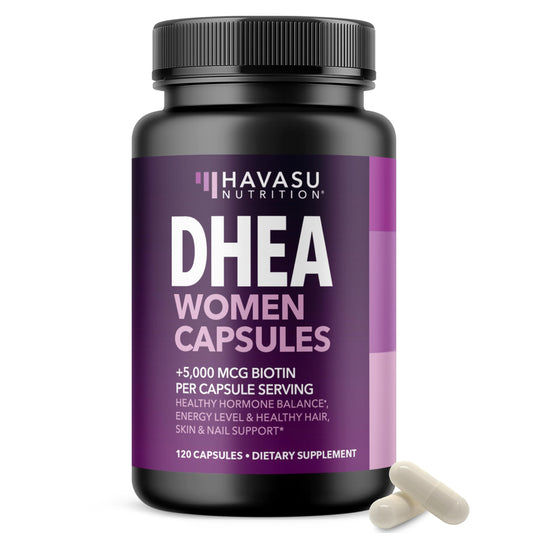 HAVASU NUTRITION DHEA Biotin bottle label signals premium hormone support.