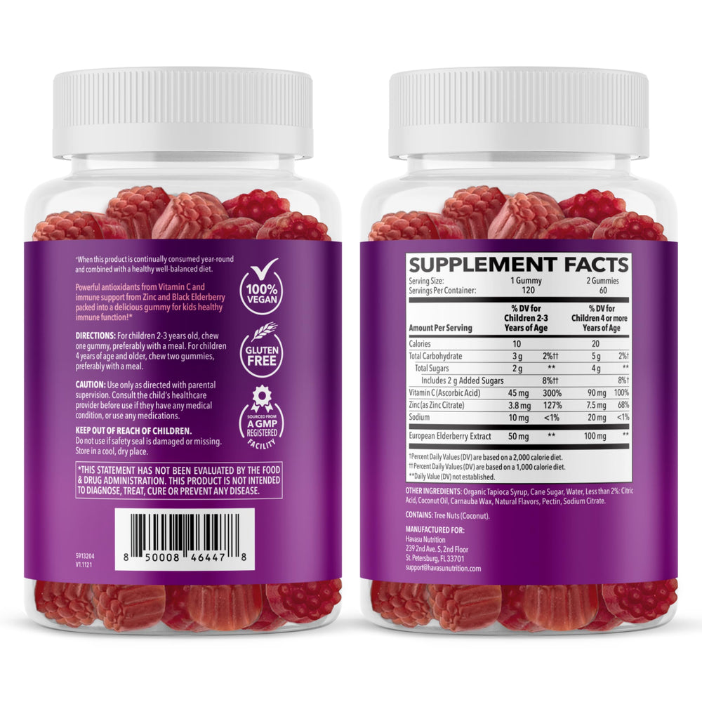 HAVASU NUTRITION Elderberry Kids Gummies packaging showing label and gummies.