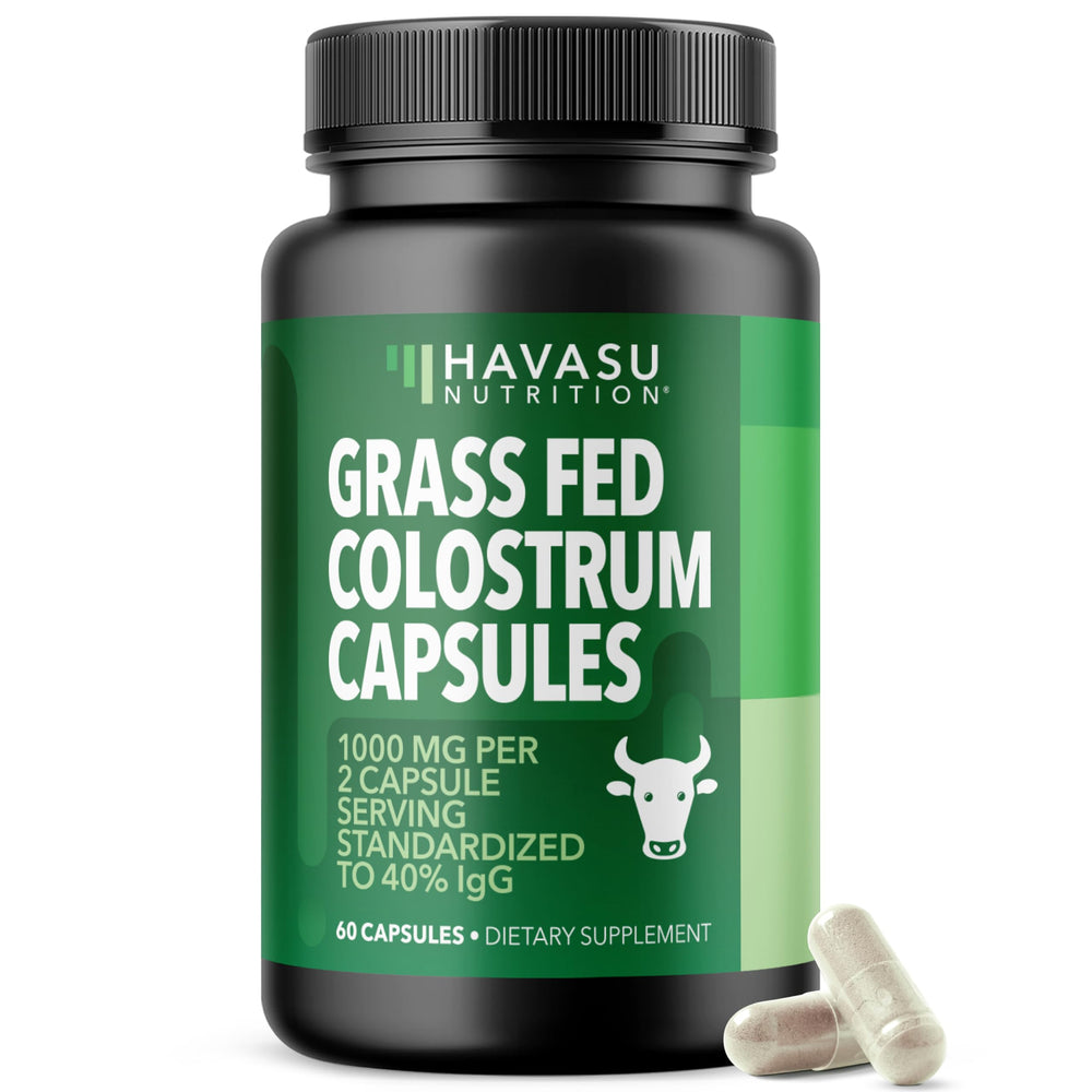 HAVASU NUTRITION grass-fed colostrum bottle front for daily immune support.