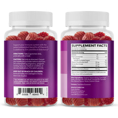 Ingredients panel showing Sambucus elderberry with vitamin C and zinc.