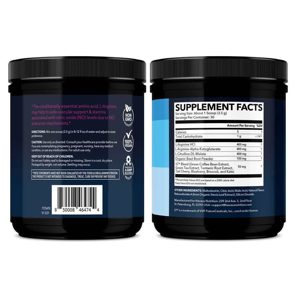 30-scoop HAVASU Nutrition container on a kitchen counter.