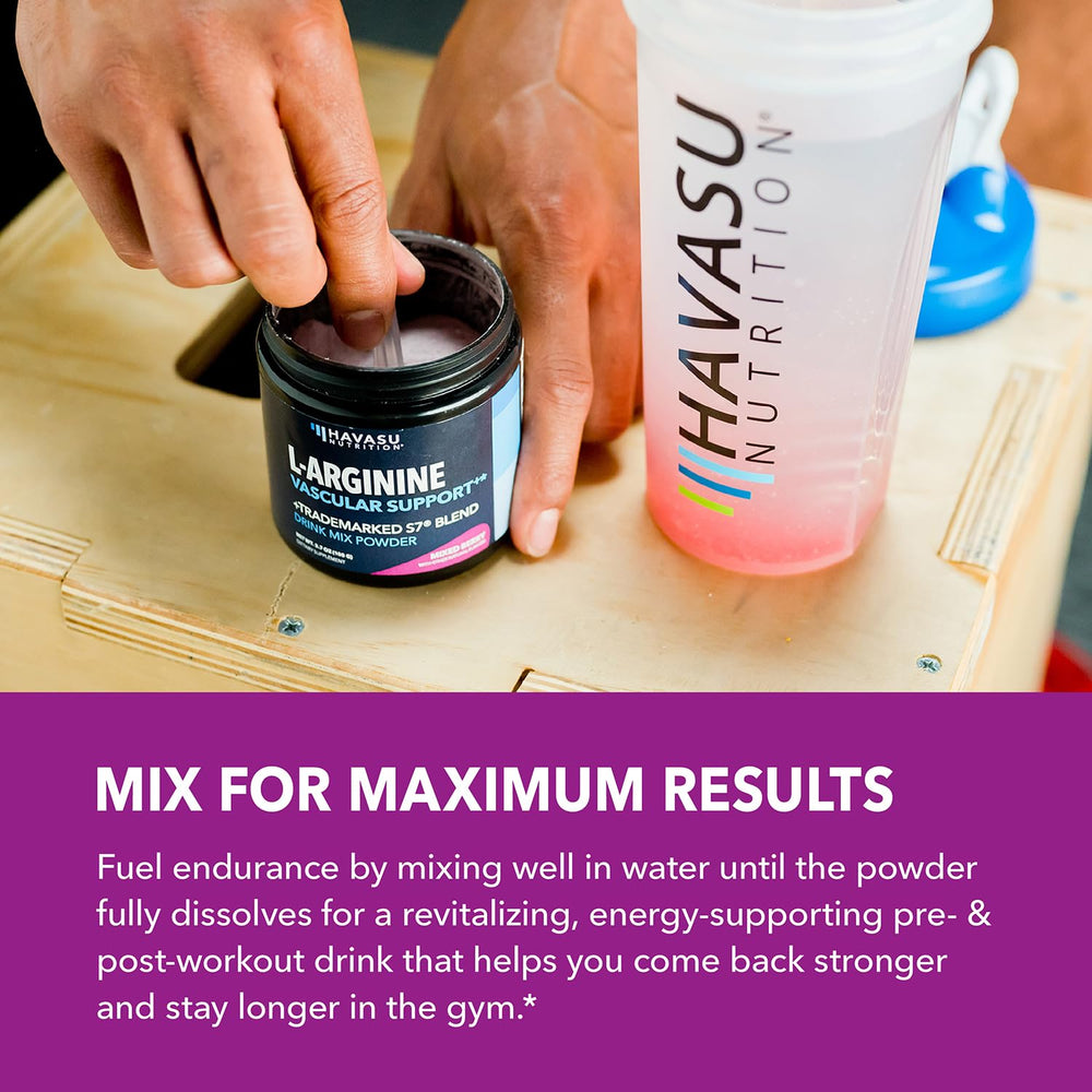 Pre-workout setup with HAVASU L-Arginine Powder and water.