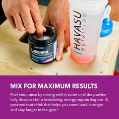 Pre-workout setup with HAVASU L-Arginine Powder and water.