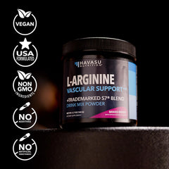 Post-workout recovery scene featuring HAVASU L-Arginine Powder container.