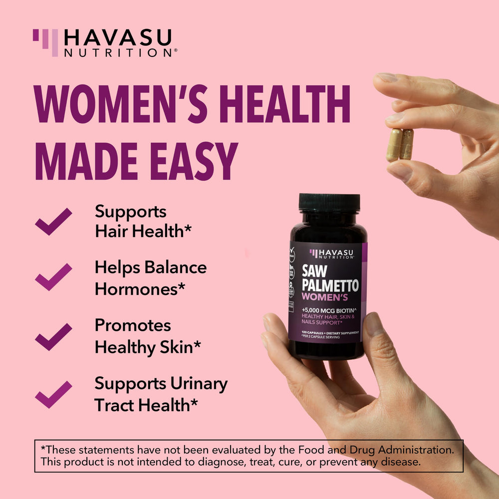 HAVASU NUTRITION label close-up—1500mg saw palmetto and 5000mcg biotin.