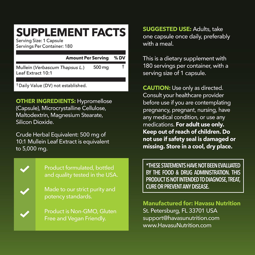 HAVASU Nutrition Mullein Leaf Capsules packaging label showing vegan and non-GMO