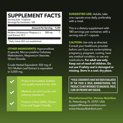 HAVASU Nutrition Mullein Leaf Capsules packaging label showing vegan and non-GMO