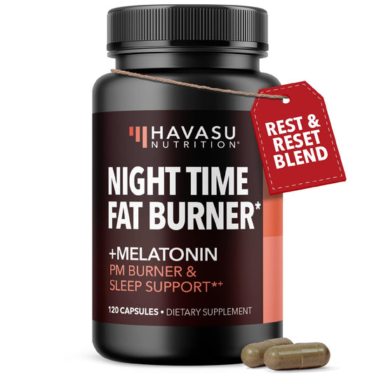 HAVASU NUTRITION Night Time Fat Burner bottle shows the label for overnight support.