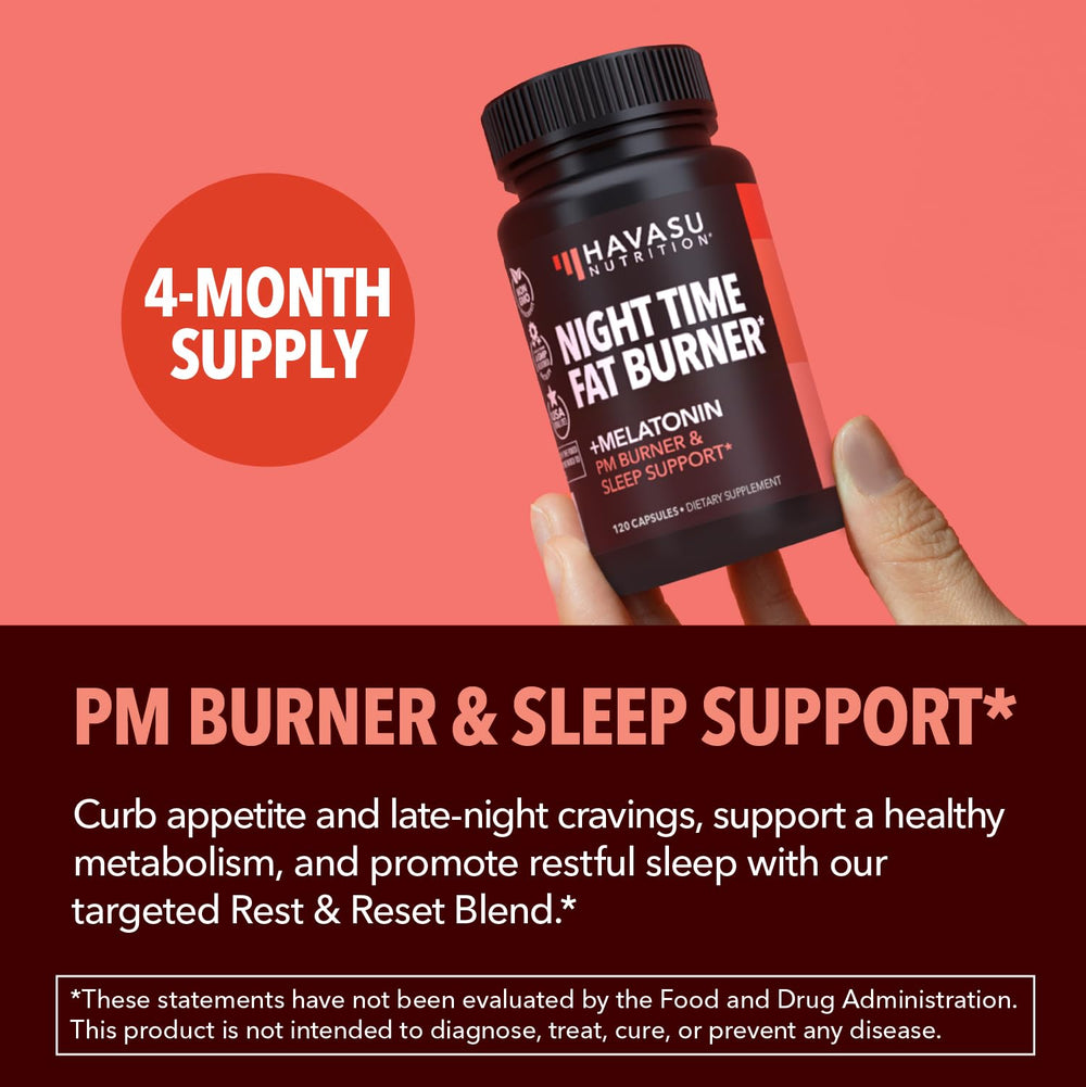 HAVASU NUTRITION Night Time Fat Burner daily-dose pills ready for nightly routine.