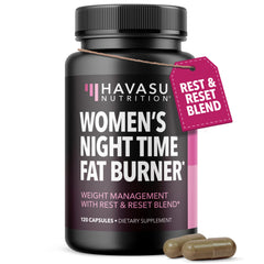 HAVASU NUTRITION Night Time Fat Burner bottle shows a calming evening routine benefit