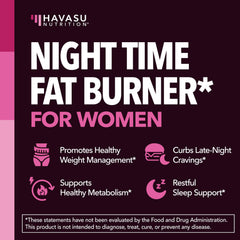 HAVASU NUTRITION Night Time Fat Burner label highlights vegan non GMO formula