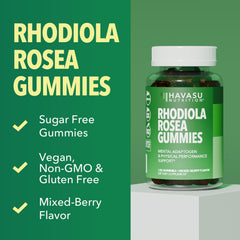HAVASU NUTRITION Rhodiola Gummies glass bottle on shelf ready for daily use
