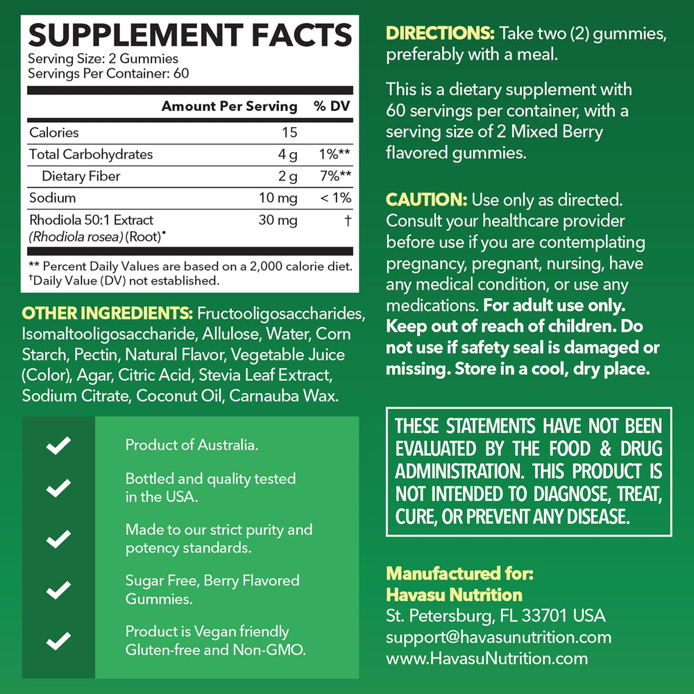 HAVASU NUTRITION Rhodiola Gummies label front highlights sugar-free adaptogen benefits for energy and mood