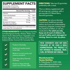 HAVASU NUTRITION Rhodiola Gummies label front highlights sugar-free adaptogen benefits for energy and mood