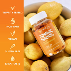 HAVASU NUTRITION turmeric gummies vegan, non-GMO formula on packaging.
