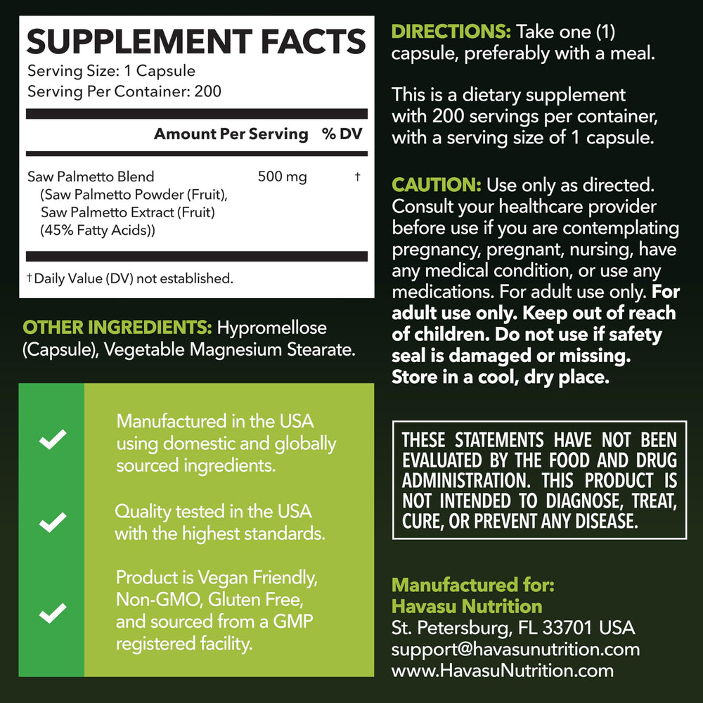 HAVASU Saw Palmetto capsules close-up showing vegan, non-GMO formula.
