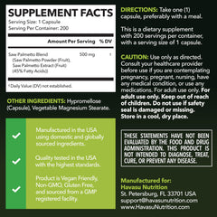 HAVASU Saw Palmetto capsules close-up showing vegan, non-GMO formula.