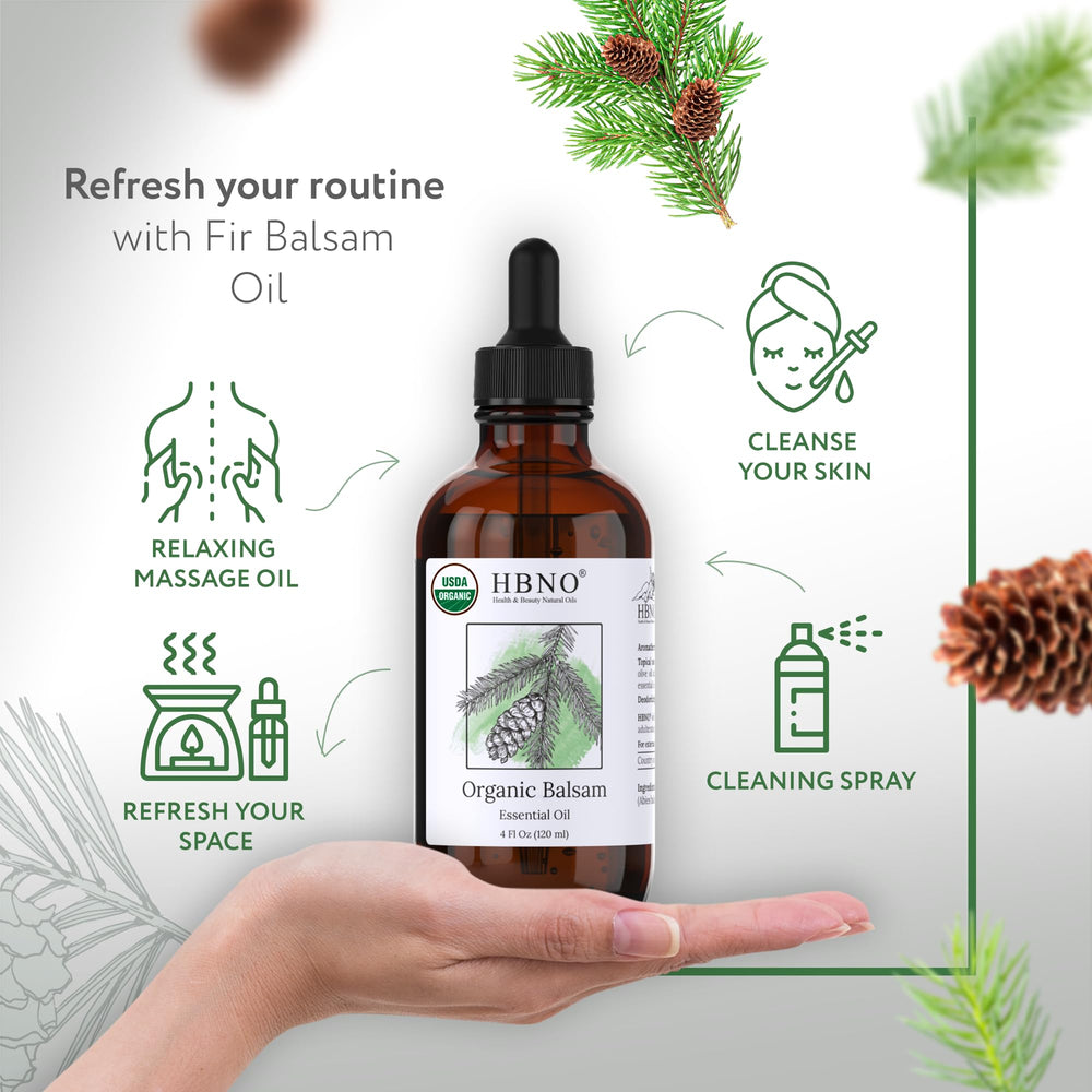 HBNO Fir Balsam oil label shows USDA Organic certification
